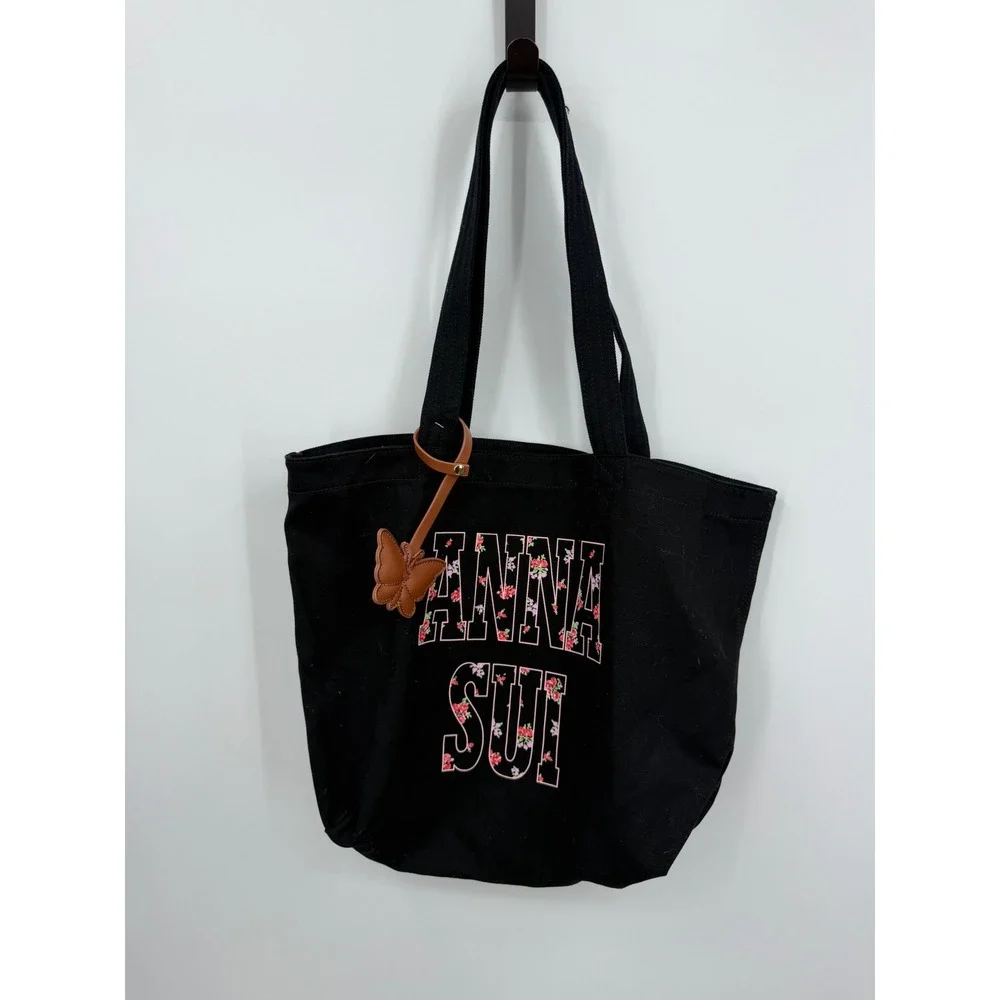 Old Navy‎ Anna Sui Canvas Tote Bag Women OS Black Floral Logo Butterfly Charm